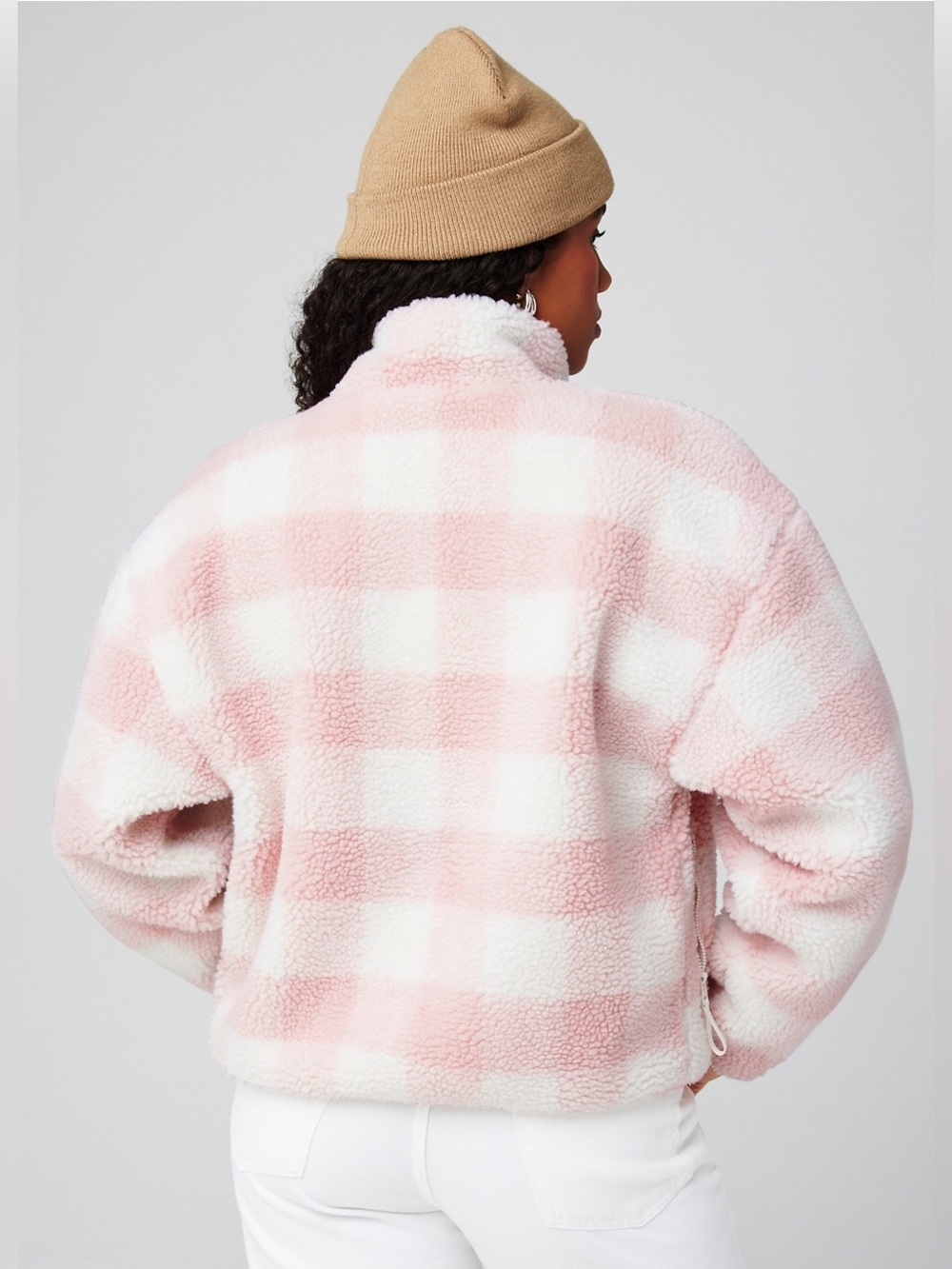 Fabletics Tahoe Teddy Jacket in Champagne Blush Buffalo Check Size Small NEW - Picture 12 of 13